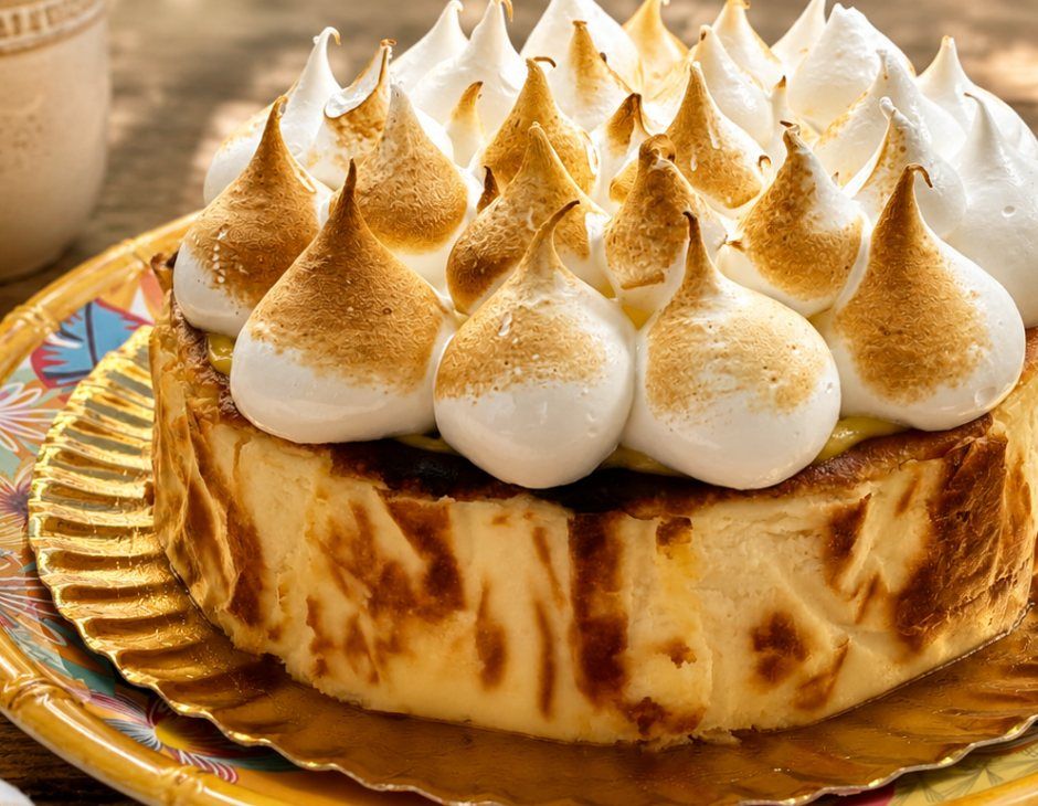 Tarta de queso de limón con picos de merengue tostado a soplete